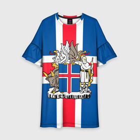 Детское платье 3D с принтом Флаг и Герб Исландии в Тюмени, 100% полиэстер | прямой силуэт, чуть расширенный к низу. Круглая горловина, на рукавах — воланы | Тематика изображения на принте: бык | герб | грифон | дракон | исландии | исландия | коровы | красный | линии | орел | пастух | синий | флаг