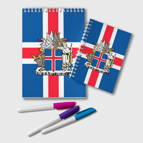 Блокнот с принтом Флаг и Герб Исландии в Тюмени, 100% бумага | 48 листов, плотность листов — 60 г/м2, плотность картонной обложки — 250 г/м2. Листы скреплены удобной пружинной спиралью. Цвет линий — светло-серый
 | бык | герб | грифон | дракон | исландии | исландия | коровы | красный | линии | орел | пастух | синий | флаг