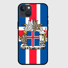 Чехол для iPhone 13 с принтом Флаг и Герб Исландии в Тюмени,  |  | Тематика изображения на принте: бык | герб | грифон | дракон | исландии | исландия | коровы | красный | линии | орел | пастух | синий | флаг