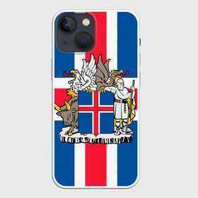 Чехол для iPhone 13 mini с принтом Флаг и Герб Исландии в Тюмени,  |  | Тематика изображения на принте: бык | герб | грифон | дракон | исландии | исландия | коровы | красный | линии | орел | пастух | синий | флаг