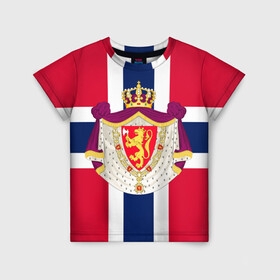 Детская футболка 3D с принтом Норвегия | Флаг и герб Норвегии в Тюмени, 100% гипоаллергенный полиэфир | прямой крой, круглый вырез горловины, длина до линии бедер, чуть спущенное плечо, ткань немного тянется | герб | герб норвегии | корона | красный | лев | линии | норвегии | норвегия | синий | топор | флаг | флаг норвегии | щит