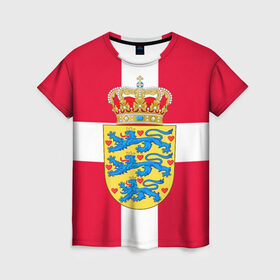 Женская футболка 3D с принтом Дания | Герб и флаг Дании в Тюмени, 100% полиэфир ( синтетическое хлопкоподобное полотно) | прямой крой, круглый вырез горловины, длина до линии бедер | герб | дании | дания | корона | лев | львы | сердца | сердце | флаг | щит