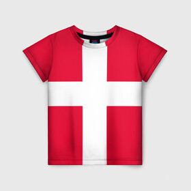 Детская футболка 3D с принтом Дания | Флаг Дании в Тюмени, 100% гипоаллергенный полиэфир | прямой крой, круглый вырез горловины, длина до линии бедер, чуть спущенное плечо, ткань немного тянется | белый | герб | государство | дании | дания | знак | красный | крест | линии | символика | страна | флаг