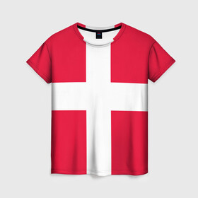Женская футболка 3D с принтом Дания | Флаг Дании в Тюмени, 100% полиэфир ( синтетическое хлопкоподобное полотно) | прямой крой, круглый вырез горловины, длина до линии бедер | белый | герб | государство | дании | дания | знак | красный | крест | линии | символика | страна | флаг