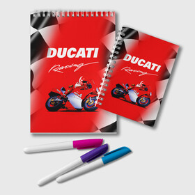 Блокнот с принтом DUCATI / ДУКАТИ / RACING в Тюмени, 100% бумага | 48 листов, плотность листов — 60 г/м2, плотность картонной обложки — 250 г/м2. Листы скреплены удобной пружинной спиралью. Цвет линий — светло-серый
 | Тематика изображения на принте: ducati | motorcycle | motosport | racing | speed | sport | байк. | гонки | двигатель | дукати | мото | мотокросс | мотоспорт | мототриал | мотоцикл | скорость | спорт