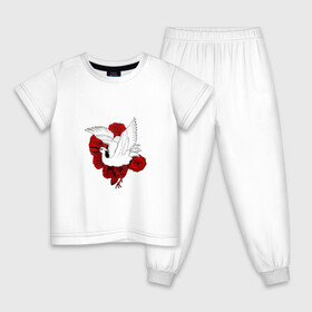 Детская пижама хлопок с принтом Аист на фоне красных роз в Тюмени, 100% хлопок |  брюки и футболка прямого кроя, без карманов, на брюках мягкая резинка на поясе и по низу штанин
 | аист | белый | красные | крылья | птица | птицы | розы | цветы