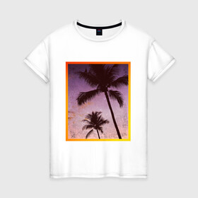 Женская футболка хлопок с принтом пальмы закат рамка в Тюмени, 100% хлопок | прямой крой, круглый вырез горловины, длина до линии бедер, слегка спущенное плечо | деревья | закат | пальмы | рамка | фиолетовый