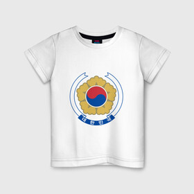 Детская футболка хлопок с принтом Корея | Корейский герб в Тюмени, 100% хлопок | круглый вырез горловины, полуприлегающий силуэт, длина до линии бедер | буква | герб | знак | иероглифы | корейский | корейский герб | корейский флаг | корея | символ | символы | флаг | флаг кореи | эмблема | эмблемма