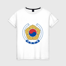 Женская футболка хлопок с принтом Корея | Корейский герб в Тюмени, 100% хлопок | прямой крой, круглый вырез горловины, длина до линии бедер, слегка спущенное плечо | буква | герб | знак | иероглифы | корейский | корейский герб | корейский флаг | корея | символ | символы | флаг | флаг кореи | эмблема | эмблемма