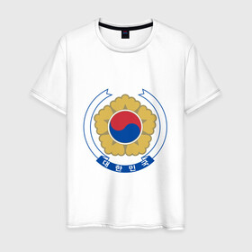 Мужская футболка хлопок с принтом Корея | Корейский герб в Тюмени, 100% хлопок | прямой крой, круглый вырез горловины, длина до линии бедер, слегка спущенное плечо. | Тематика изображения на принте: буква | герб | знак | иероглифы | корейский | корейский герб | корейский флаг | корея | символ | символы | флаг | флаг кореи | эмблема | эмблемма
