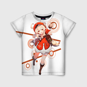 Детская футболка 3D с принтом Кли из Genshin impact в Тюмени, 100% гипоаллергенный полиэфир | прямой крой, круглый вырез горловины, длина до линии бедер, чуть спущенное плечо, ткань немного тянется | Тематика изображения на принте: genshin impact | аниме | девочка | кли | кли из genshin impact. | красочная | прекрасный подарок