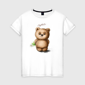 Женская футболка хлопок с принтом Медведь в Тюмени, 100% хлопок | прямой крой, круглый вырез горловины, длина до линии бедер, слегка спущенное плечо | зверь | игрушка цветок | медведик | медведь | медвежонок | милый | мишка | привет | ромашка