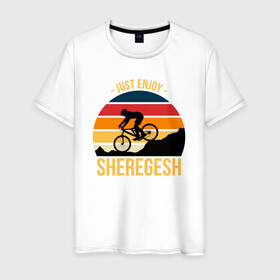 Мужская футболка хлопок с принтом Just enjoy. Sheregesh в Тюмени, 100% хлопок | прямой крой, круглый вырез горловины, длина до линии бедер, слегка спущенное плечо. | gesh | sheregesh | велоспорт | вершина | геш | горы | горы шерегеша | отдых | шерегеш