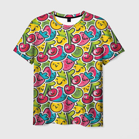 Мужская футболка 3D с принтом Лето. Ягоды. Фрукты в Тюмени, 100% полиэфир | прямой крой, круглый вырез горловины, длина до линии бедер | вишня | клубника | лето | настроение | паттерн | смузи | фруктовый коктейль | фрукты | ягоды