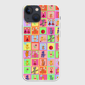 Чехол для iPhone 13 mini с принтом Хороший день в Тюмени,  |  | Тематика изображения на принте: девочки | дружба | котики | разноцветный | рыбка | счастье | узор | цветочный | шарики