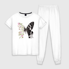 Женская пижама хлопок с принтом Бабочка и цветы в Тюмени, 100% хлопок | брюки и футболка прямого кроя, без карманов, на брюках мягкая резинка на поясе и по низу штанин | акварель | бабочка | бутоны | графика | крылья | лето | насекомое | природа | растение | розы | фауна | цветы | шипы