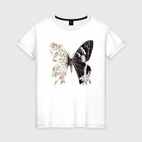 Женская футболка хлопок с принтом Бабочка и цветы в Тюмени, 100% хлопок | прямой крой, круглый вырез горловины, длина до линии бедер, слегка спущенное плечо | акварель | бабочка | бутоны | графика | крылья | лето | насекомое | природа | растение | розы | фауна | цветы | шипы