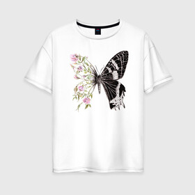 Женская футболка хлопок Oversize с принтом Бабочка и цветы в Тюмени, 100% хлопок | свободный крой, круглый ворот, спущенный рукав, длина до линии бедер
 | акварель | бабочка | бутоны | графика | крылья | лето | насекомое | природа | растение | розы | фауна | цветы | шипы