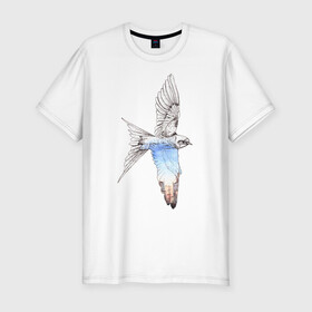 Мужская футболка хлопок Slim с принтом Ласточка и город в Тюмени, 92% хлопок, 8% лайкра | приталенный силуэт, круглый вырез ворота, длина до линии бедра, короткий рукав | акварель | город | графика | крылья | ласточка | лето | перья | полет | птица | стриж