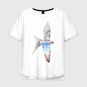 Мужская футболка хлопок Oversize с принтом Ласточка и город в Тюмени, 100% хлопок | свободный крой, круглый ворот, “спинка” длиннее передней части | акварель | город | графика | крылья | ласточка | лето | перья | полет | птица | стриж