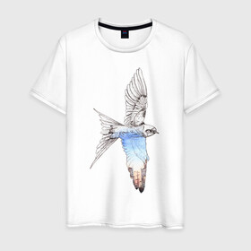 Мужская футболка хлопок с принтом Ласточка и город в Тюмени, 100% хлопок | прямой крой, круглый вырез горловины, длина до линии бедер, слегка спущенное плечо. | акварель | город | графика | крылья | ласточка | лето | перья | полет | птица | стриж