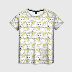 Женская футболка 3D с принтом Кот с бананом в Тюмени, 100% полиэфир ( синтетическое хлопкоподобное полотно) | прямой крой, круглый вырез горловины, длина до линии бедер | banana | cat | банан | кот | мем