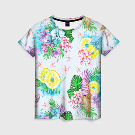 Женская футболка 3D с принтом Тропические цветы и фрукты в Тюмени, 100% полиэфир ( синтетическое хлопкоподобное полотно) | прямой крой, круглый вырез горловины, длина до линии бедер | Тематика изображения на принте: ананас | ананасы | букеты | монстера | мороженое | орхидеи | отдых | пляжные | тропики | фрукты | цветочки | цветы | юг | южные