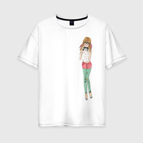 Женская футболка хлопок Oversize с принтом Фотограф  в Тюмени, 100% хлопок | свободный крой, круглый ворот, спущенный рукав, длина до линии бедер
 | в полный рост | девочка | девушка | милый фотограф | фото | фотоаппарат | фотограф