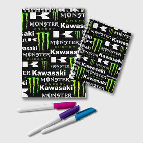 Блокнот с принтом KAWASAKI X MONSTER ENERGY в Тюмени, 100% бумага | 48 листов, плотность листов — 60 г/м2, плотность картонной обложки — 250 г/м2. Листы скреплены удобной пружинной спиралью. Цвет линий — светло-серый
 | Тематика изображения на принте: kawasaki | monster energy | motorcycle | motosport | racing | speed | sport | байк | гонки | двигатель | кавасаки | монстер энерджи. | мото | мотокросс | мотоспорт | мототриал | мотоцикл | скорость | спорт