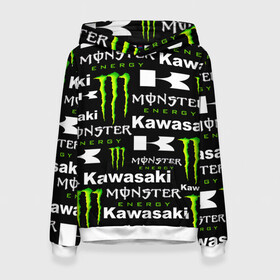 Женская толстовка 3D с принтом KAWASAKI X MONSTER ENERGY в Тюмени, 100% полиэстер  | двухслойный капюшон со шнурком для регулировки, мягкие манжеты на рукавах и по низу толстовки, спереди карман-кенгуру с мягким внутренним слоем. | kawasaki | monster energy | motorcycle | motosport | racing | speed | sport | байк | гонки | двигатель | кавасаки | монстер энерджи. | мото | мотокросс | мотоспорт | мототриал | мотоцикл | скорость | спорт