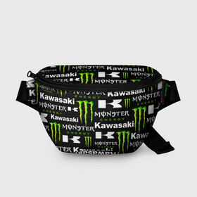 Поясная сумка 3D с принтом KAWASAKI X MONSTER ENERGY в Тюмени, 100% полиэстер | плотная ткань, ремень с регулируемой длиной, внутри несколько карманов для мелочей, основное отделение и карман с обратной стороны сумки застегиваются на молнию | kawasaki | monster energy | motorcycle | motosport | racing | speed | sport | байк | гонки | двигатель | кавасаки | монстер энерджи. | мото | мотокросс | мотоспорт | мототриал | мотоцикл | скорость | спорт