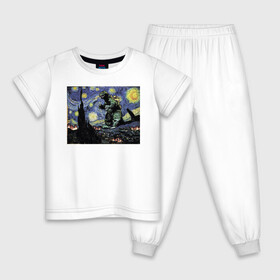 Детская пижама хлопок с принтом Годзилла Ван Гога в Тюмени, 100% хлопок |  брюки и футболка прямого кроя, без карманов, на брюках мягкая резинка на поясе и по низу штанин
 | ван гог | годзилла | живопись