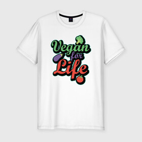 Мужская футболка хлопок Slim с принтом Vegan For Life в Тюмени, 92% хлопок, 8% лайкра | приталенный силуэт, круглый вырез ворота, длина до линии бедра, короткий рукав | Тематика изображения на принте: green | greenpeace | nature | sport | vegan | yoga | веган | вегетарианец | гринпис | еда | животные | жизнь | здоровье | зеленый | йога | мир | овощи | пища | планета | природа | растение | спорт | тело | фрукты