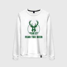 Женский свитшот хлопок с принтом Fear The Deer в Тюмени, 100% хлопок | прямой крой, круглый вырез, на манжетах и по низу широкая трикотажная резинка  | antetokounmpo | basketball | bucks | giannis | milwaukee | mvp | nba | sport | streetball | адетокумбо | бакс | баскетбол | игра | милуоки | мяч | нба | олень | спорт | стритбол | тренер | чемпион | янис