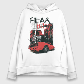 Женское худи Oversize хлопок с принтом Fear this в Тюмени, френч-терри — 70% хлопок, 30% полиэстер. Мягкий теплый начес внутри —100% хлопок | боковые карманы, эластичные манжеты и нижняя кромка, капюшон на магнитной кнопке | fear this | ford | автомобиль | бойтесь этого | город | здания | знак | машина | форд