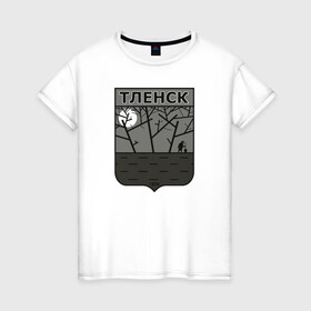 Женская футболка хлопок с принтом Герб города Тленск в Тюмени, 100% хлопок | прямой крой, круглый вырез горловины, длина до линии бедер, слегка спущенное плечо | бзсхднст | герб | сувенир | тлен | туризм