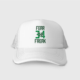 Кепка тракер с сеткой с принтом Fear The Freak 34 в Тюмени, трикотажное полотно; задняя часть — сетка | длинный козырек, универсальный размер, пластиковая застежка | antetokounmpo | basketball | bucks | giannis | milwaukee | mvp | nba | sport | streetball | адетокумбо | бакс | баскетбол | игра | милуоки | мяч | нба | олень | спорт | стритбол | тренер | чемпион | янис