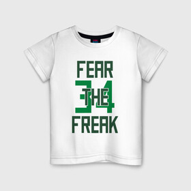 Детская футболка хлопок с принтом Fear The Freak 34 в Тюмени, 100% хлопок | круглый вырез горловины, полуприлегающий силуэт, длина до линии бедер | antetokounmpo | basketball | bucks | giannis | milwaukee | mvp | nba | sport | streetball | адетокумбо | бакс | баскетбол | игра | милуоки | мяч | нба | олень | спорт | стритбол | тренер | чемпион | янис