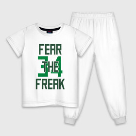 Детская пижама хлопок с принтом Fear The Freak 34 в Тюмени, 100% хлопок |  брюки и футболка прямого кроя, без карманов, на брюках мягкая резинка на поясе и по низу штанин
 | Тематика изображения на принте: antetokounmpo | basketball | bucks | giannis | milwaukee | mvp | nba | sport | streetball | адетокумбо | бакс | баскетбол | игра | милуоки | мяч | нба | олень | спорт | стритбол | тренер | чемпион | янис