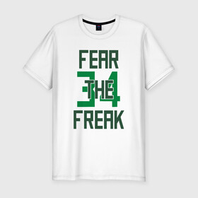 Мужская футболка хлопок Slim с принтом Fear The Freak 34 в Тюмени, 92% хлопок, 8% лайкра | приталенный силуэт, круглый вырез ворота, длина до линии бедра, короткий рукав | antetokounmpo | basketball | bucks | giannis | milwaukee | mvp | nba | sport | streetball | адетокумбо | бакс | баскетбол | игра | милуоки | мяч | нба | олень | спорт | стритбол | тренер | чемпион | янис