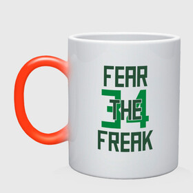 Кружка хамелеон с принтом Fear The Freak 34 в Тюмени, керамика | меняет цвет при нагревании, емкость 330 мл | antetokounmpo | basketball | bucks | giannis | milwaukee | mvp | nba | sport | streetball | адетокумбо | бакс | баскетбол | игра | милуоки | мяч | нба | олень | спорт | стритбол | тренер | чемпион | янис