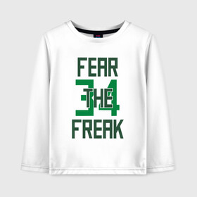 Детский лонгслив хлопок с принтом Fear The Freak 34 в Тюмени, 100% хлопок | круглый вырез горловины, полуприлегающий силуэт, длина до линии бедер | antetokounmpo | basketball | bucks | giannis | milwaukee | mvp | nba | sport | streetball | адетокумбо | бакс | баскетбол | игра | милуоки | мяч | нба | олень | спорт | стритбол | тренер | чемпион | янис