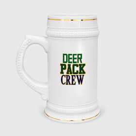 Кружка пивная с принтом Deer Pack Crew в Тюмени,  керамика (Материал выдерживает высокую температуру, стоит избегать резкого перепада температур) |  объем 630 мл | antetokounmpo | basketball | bucks | giannis | milwaukee | mvp | nba | sport | streetball | адетокумбо | бакс | баскетбол | игра | милуоки | мяч | нба | олень | спорт | стритбол | тренер | чемпион | янис