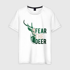 Мужская футболка хлопок с принтом Fear The Deer в Тюмени, 100% хлопок | прямой крой, круглый вырез горловины, длина до линии бедер, слегка спущенное плечо. | Тематика изображения на принте: antetokounmpo | basketball | bucks | giannis | milwaukee | mvp | nba | sport | streetball | адетокумбо | бакс | баскетбол | игра | милуоки | мяч | нба | олень | спорт | стритбол | тренер | чемпион | янис