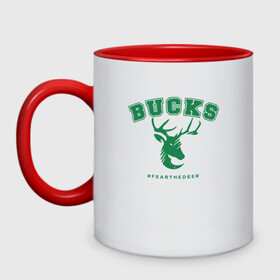 Кружка двухцветная с принтом Bucks - Champions в Тюмени, керамика | объем — 330 мл, диаметр — 80 мм. Цветная ручка и кайма сверху, в некоторых цветах — вся внутренняя часть | Тематика изображения на принте: antetokounmpo | basketball | bucks | giannis | milwaukee | mvp | nba | sport | streetball | адетокумбо | бакс | баскетбол | игра | милуоки | мяч | нба | олень | спорт | стритбол | тренер | чемпион | янис