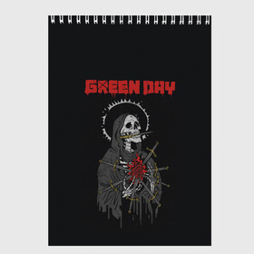 Скетчбук с принтом GreenDay | ГринДей | Poster (Z) в Тюмени, 100% бумага
 | 48 листов, плотность листов — 100 г/м2, плотность картонной обложки — 250 г/м2. Листы скреплены сверху удобной пружинной спиралью | Тематика изображения на принте: billie joe armstrong | greenday | rock | альтернативный | билли джо армстронг | гриндей | зеленый день | майк дёрнт | музыка | панк рок | поп панк | рок | тре кул