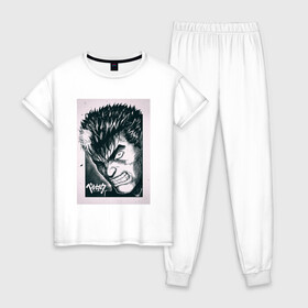 Женская пижама хлопок с принтом BERSERK в Тюмени, 100% хлопок | брюки и футболка прямого кроя, без карманов, на брюках мягкая резинка на поясе и по низу штанин | anime | berserk | guts | poster | аниме | берсерк | гатс | постер | чб арт