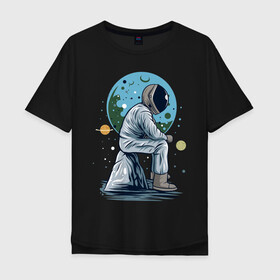 Мужская футболка хлопок Oversize с принтом Космонавт сидит на камне в Тюмени, 100% хлопок | свободный крой, круглый ворот, “спинка” длиннее передней части | astronaut | cosmos | galaxy | mars | moon | planet | planets | science | space | space travel | spaceman | stars | universe | астронавт | звезды | космонавт | космос | луна | марс | планета