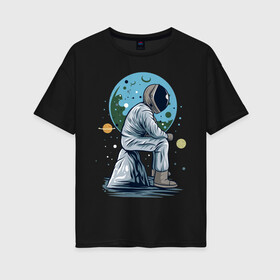 Женская футболка хлопок Oversize с принтом Космонавт сидит на камне в Тюмени, 100% хлопок | свободный крой, круглый ворот, спущенный рукав, длина до линии бедер
 | astronaut | cosmos | galaxy | mars | moon | planet | planets | science | space | space travel | spaceman | stars | universe | астронавт | звезды | космонавт | космос | луна | марс | планета