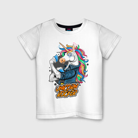 Детская футболка хлопок с принтом Единорог рокер в Тюмени, 100% хлопок | круглый вырез горловины, полуприлегающий силуэт, длина до линии бедер | Тематика изображения на принте: cute | funny | pony | rainbow | rock | rocker | unicorn | единорог | единорожка | милый | пони | радуга | рок | рокер